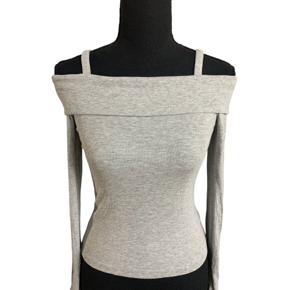 Art Class Juniors Off-The-Shoulder Grey Long Sleeve Ribbed Top With Straps Large - Picture 5 of 13